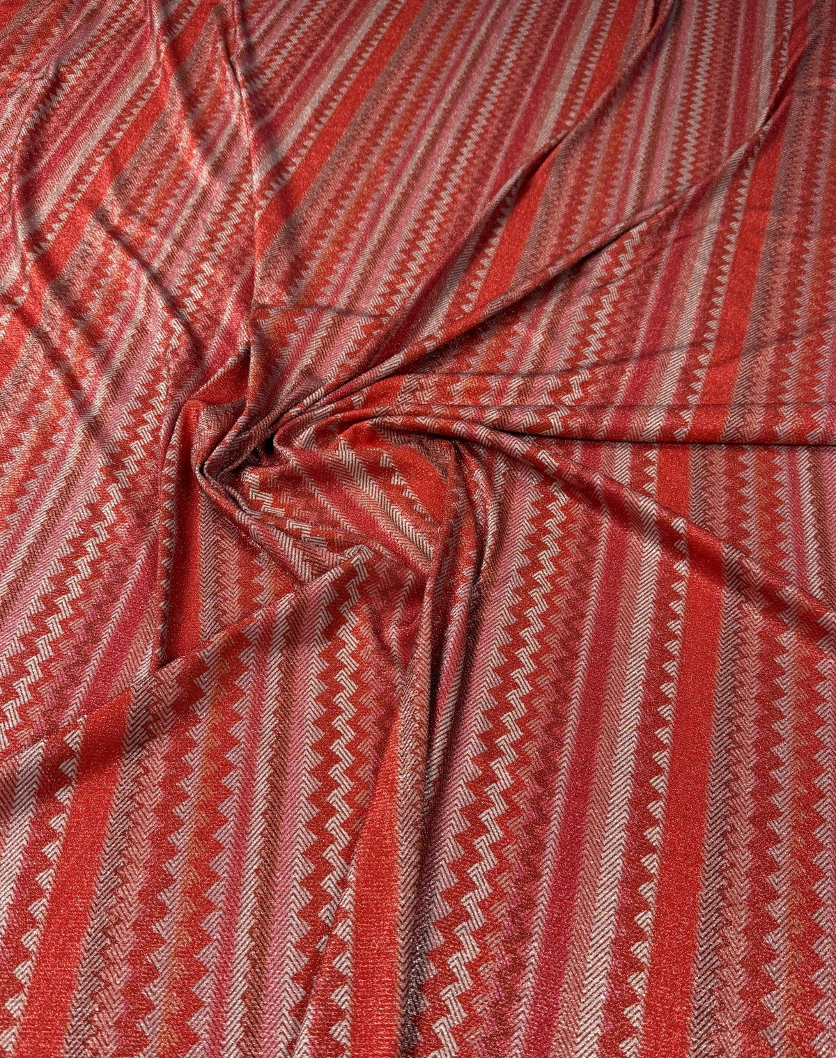 4 - Way Stretch Pink Red Zigzag Knit Fabric with Lurex Accent - Whotex Fabrics London