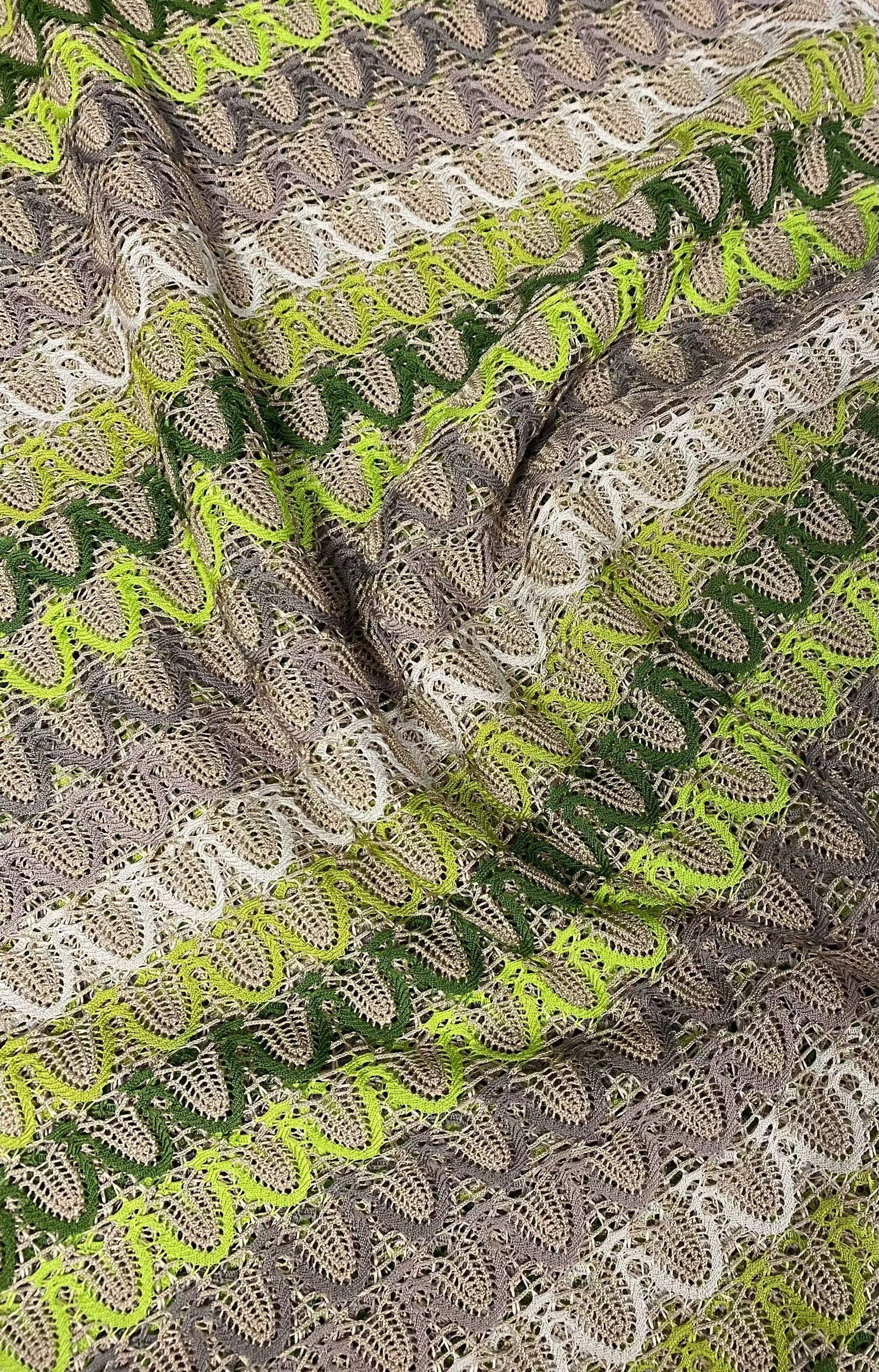 Beige green zigzag knit jersey mesh fabric with breathable texture for sewing and crafts