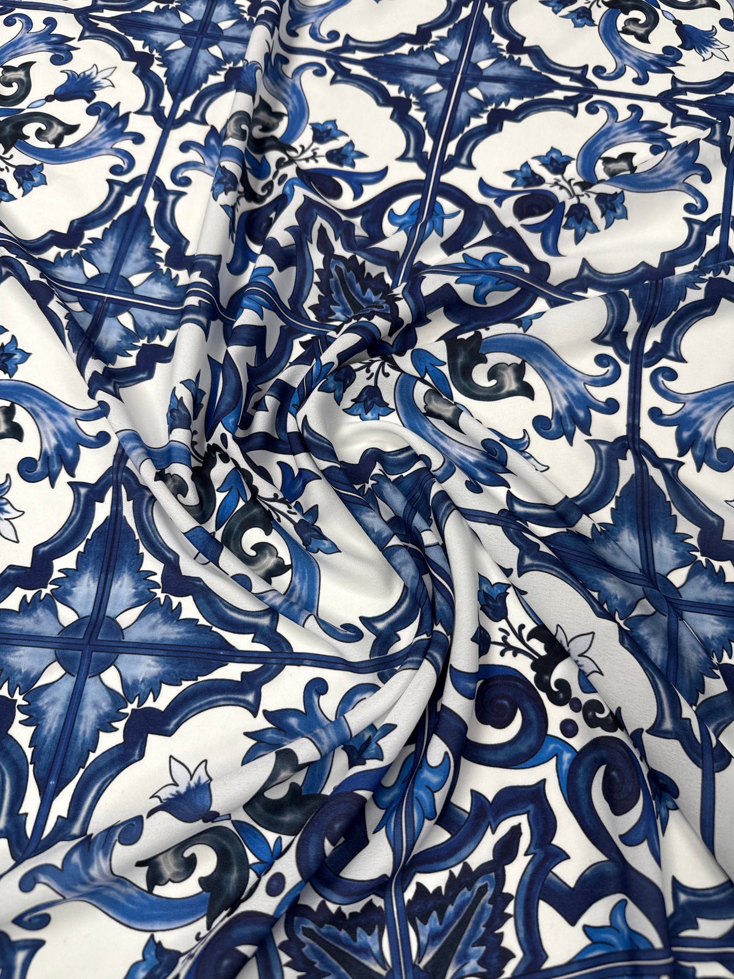 Blue Tile Print Moss Crepe Fabric by the Yard