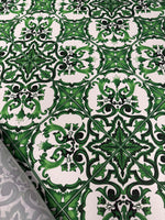 close-up of green baroque tile pattern fabric with intricate floral and geometric design