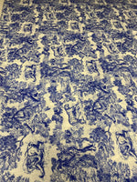 Lion design linen fabric with intricate blue lion and nature patterns on beige background for home decor and upholstery