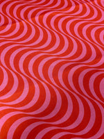 Red and pink retro wave pattern linen fabric for stylish home decor and upholstery
