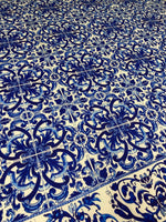 Blue and white floral patterned upholstery fabric with intricate Mavi design on polyester material