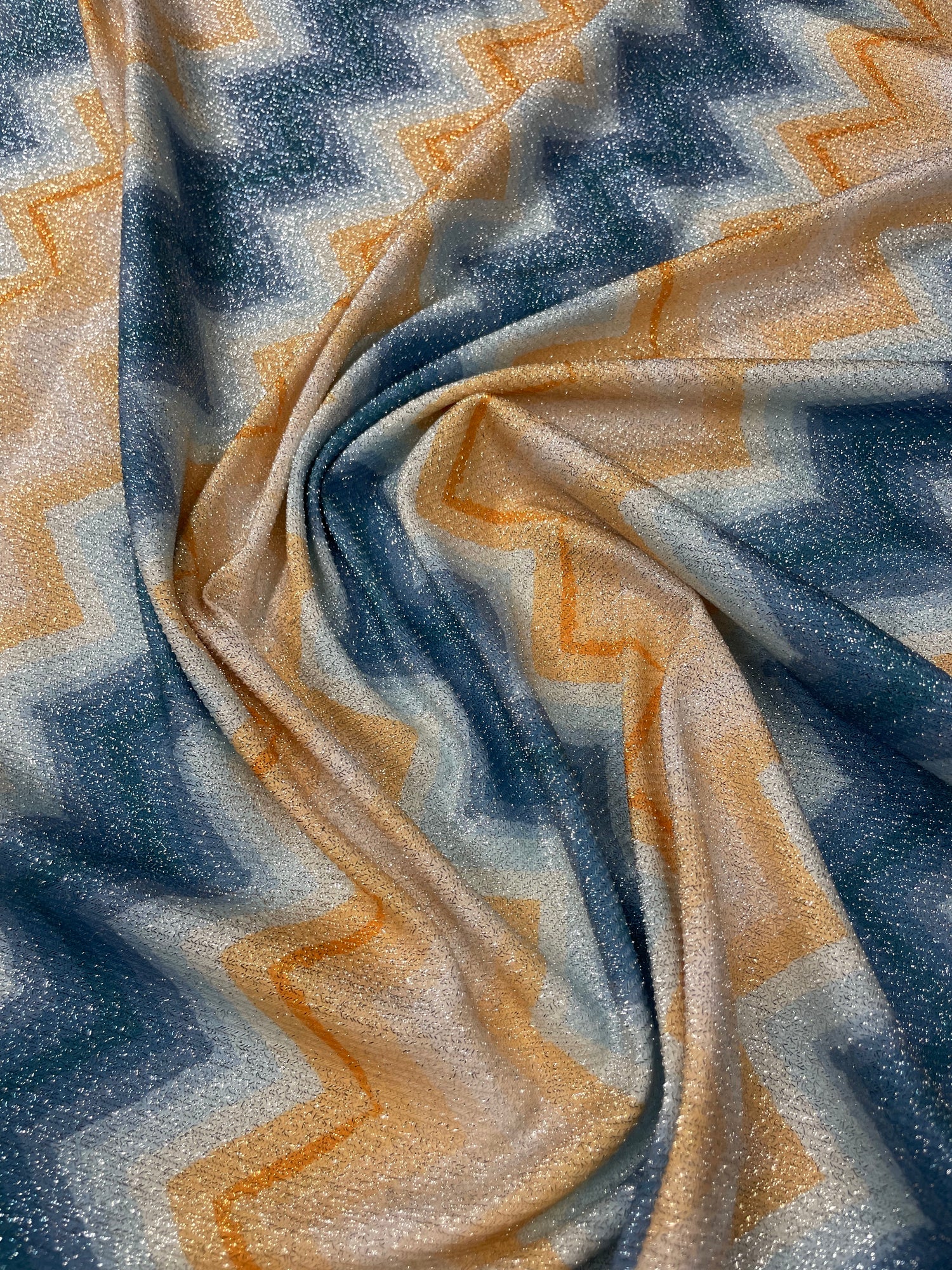 Blue and Gold Chevron Lurex Fabric by the Yard
