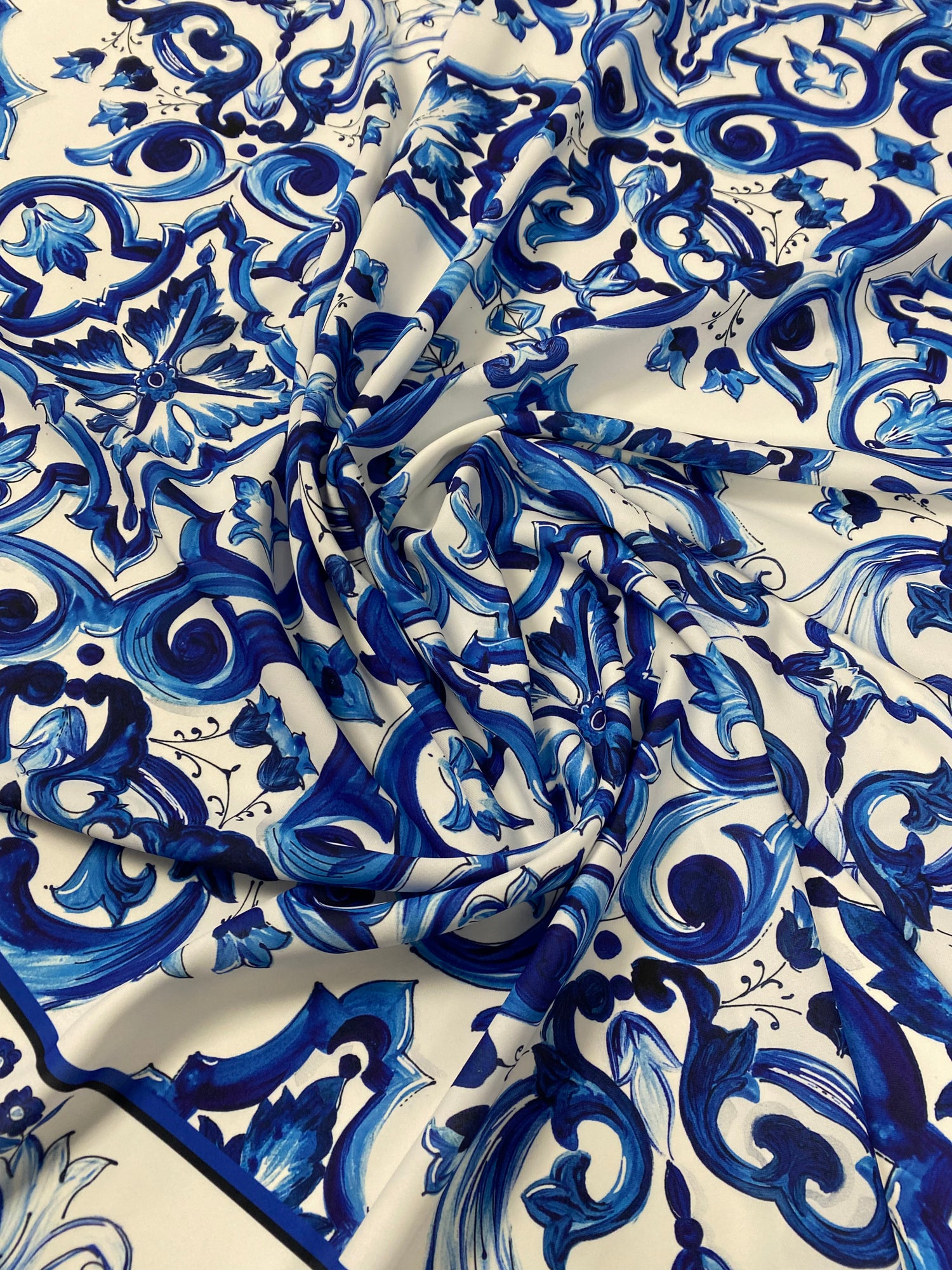 Majolica Floral Scroll Blue White Fabric by the Yard