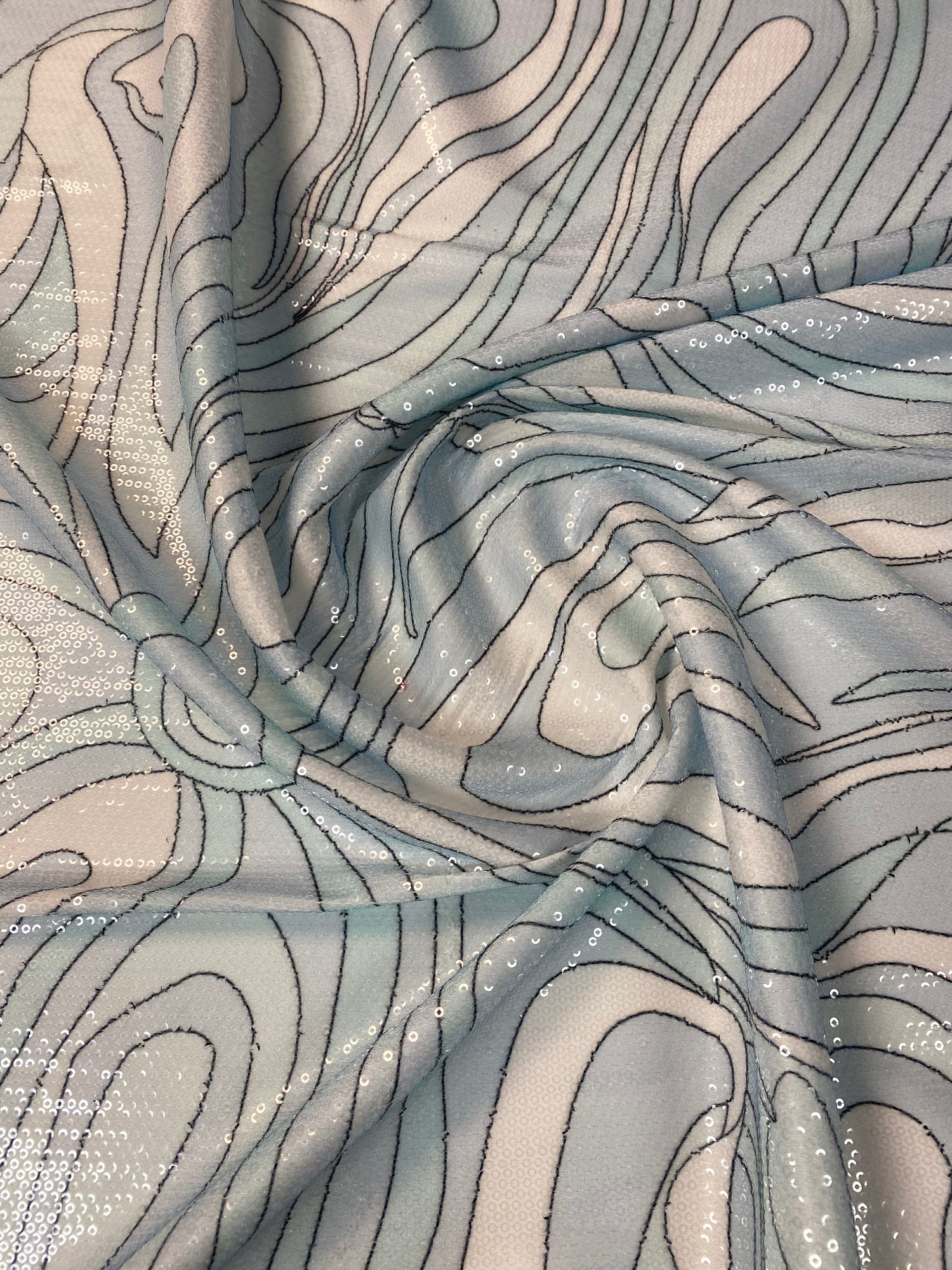 Abstract Baby Blue Swirl Sequin Fabric by the Yard