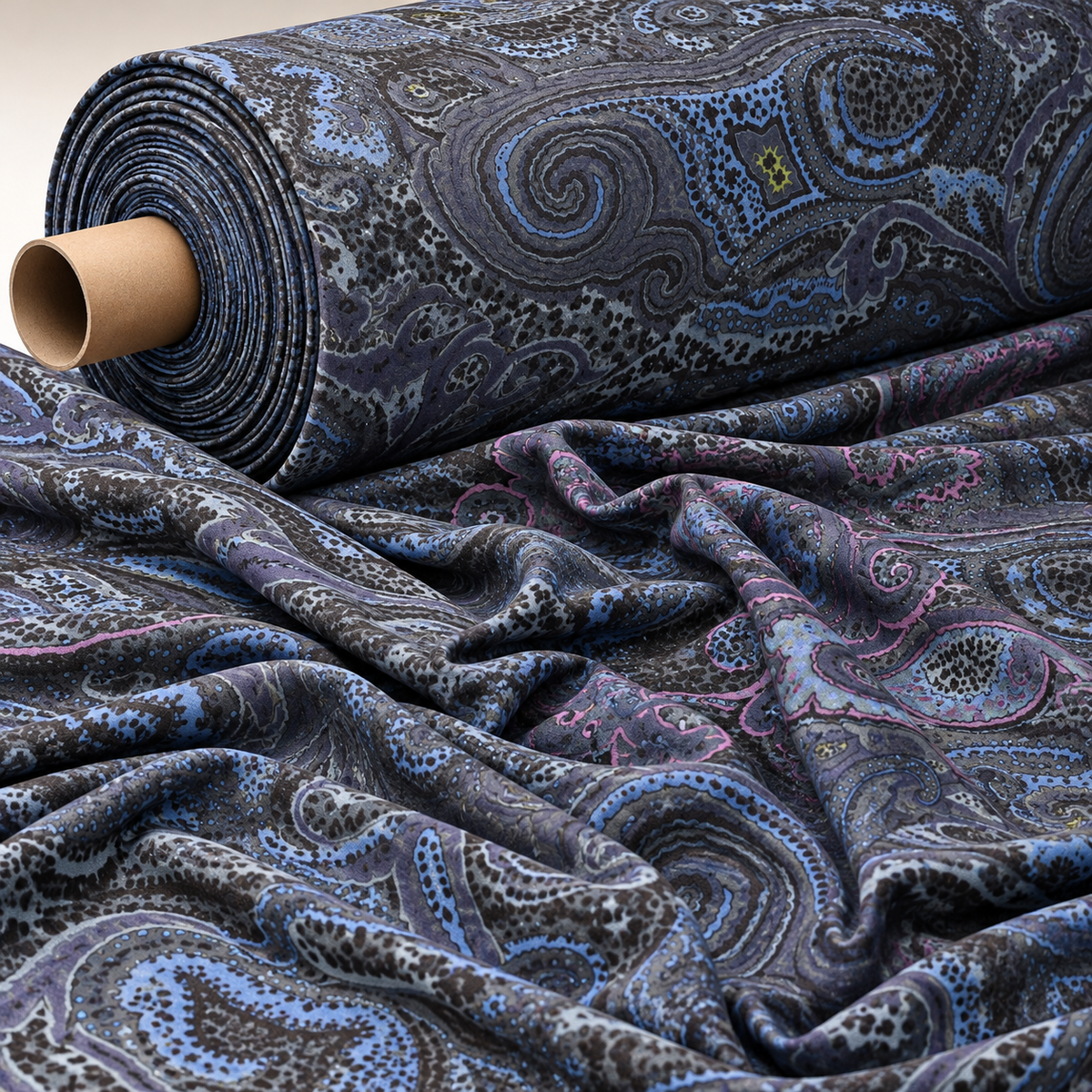 Midnight Blue Paisley Viscose Stretch Fabric By the Yard