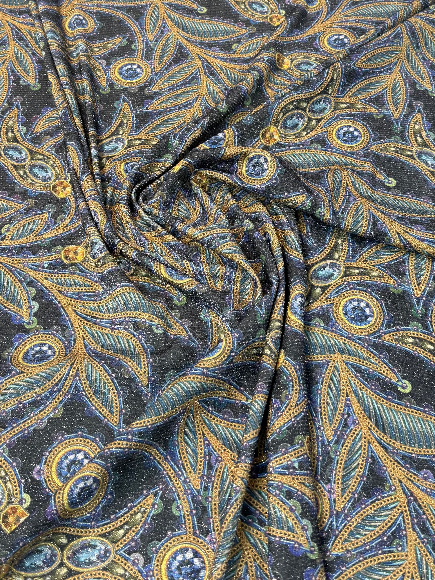 Navy & Gold Leaf Pattern Lurex Fabric by the Yard
