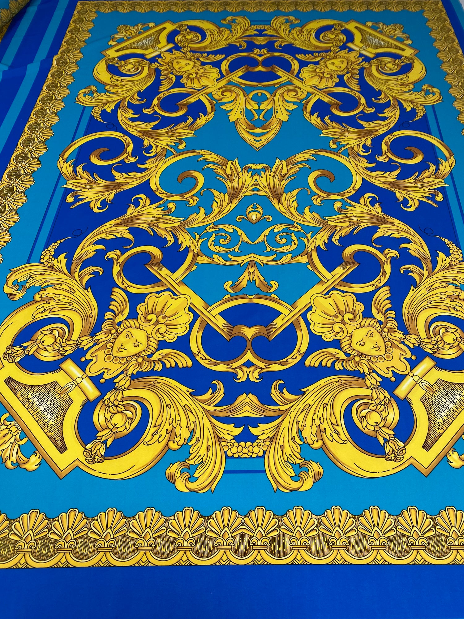 Blue & Gold Baroque Crepe Fabric by the Yard – Luxury