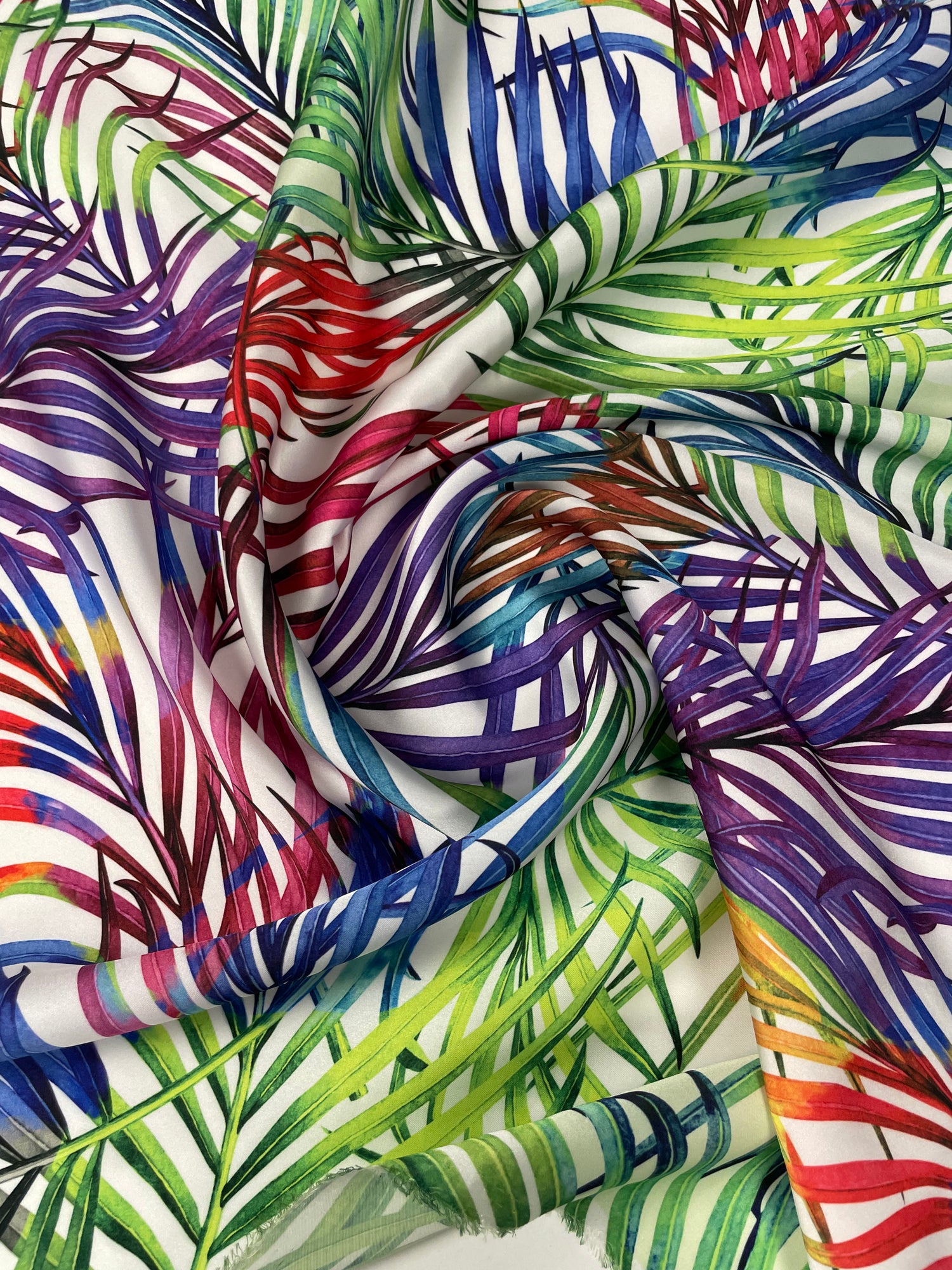Tropical Multicolor Leaf Print Satin Fabric by the Yard
