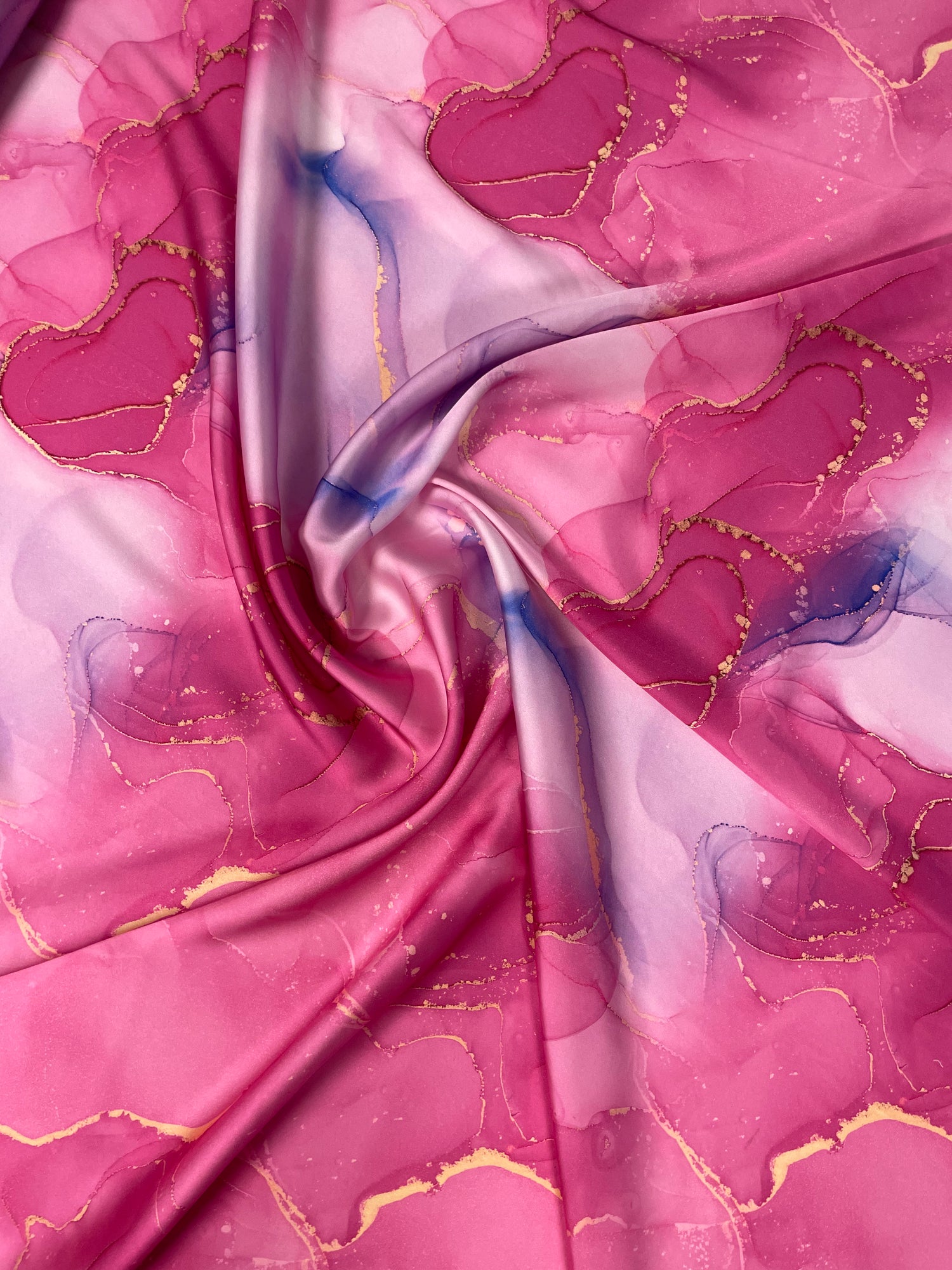 Pink Marble Satin Fabric with Artistic Watercolor Design