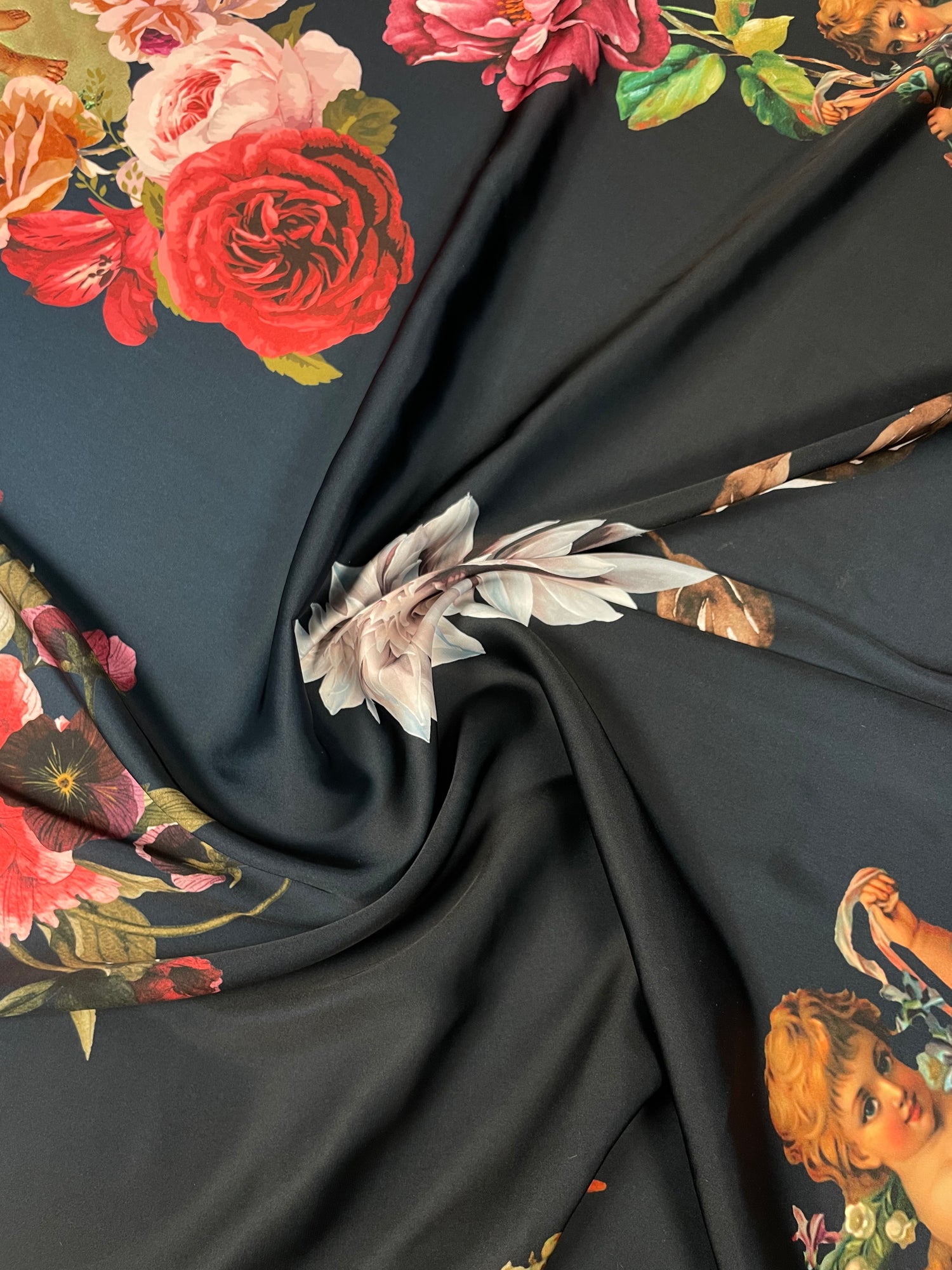 Black Satin Fabric with Floral & Cherub Print