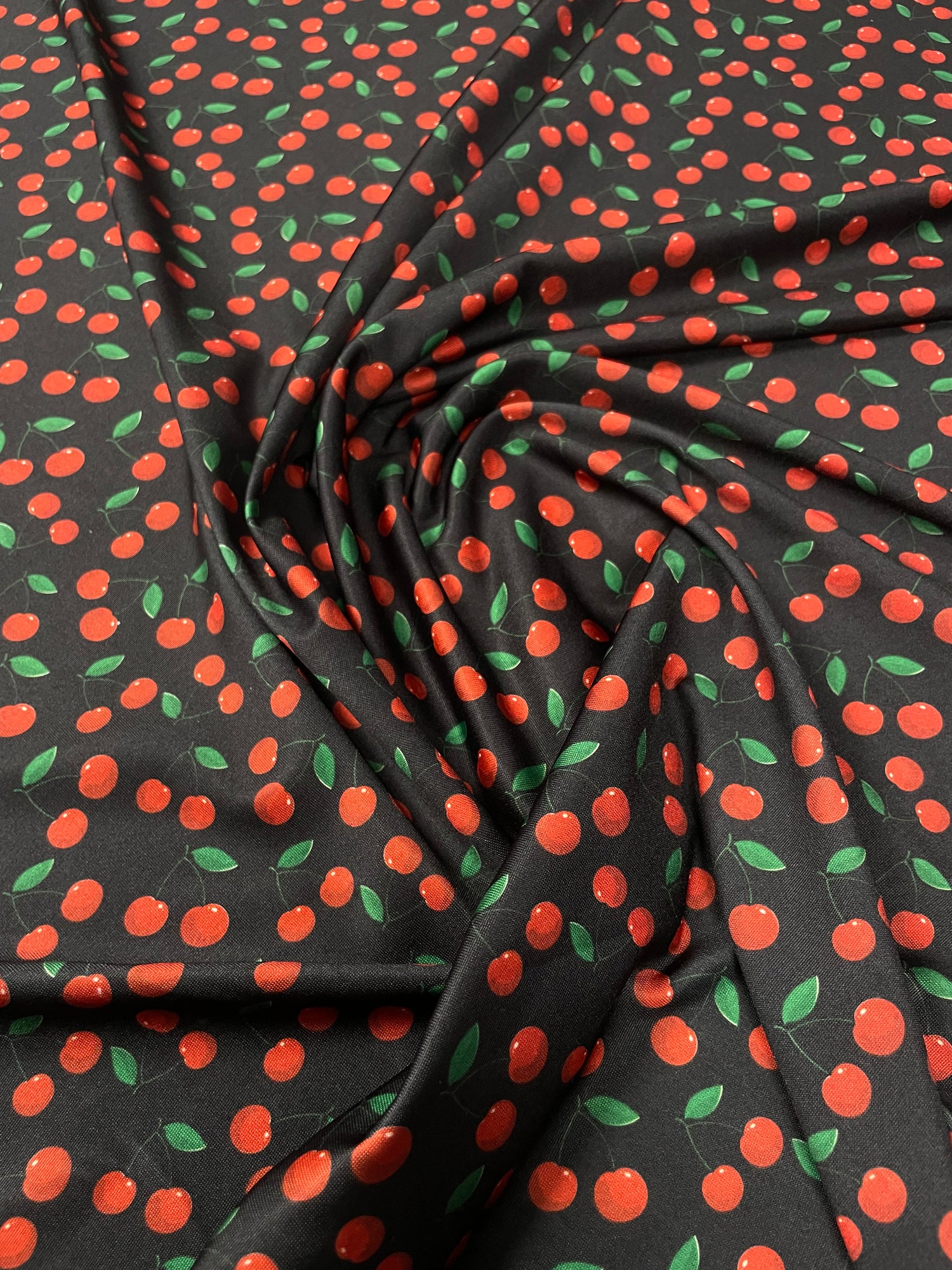 Cherry Print Black Lycra Stretch Fabric by the Yard