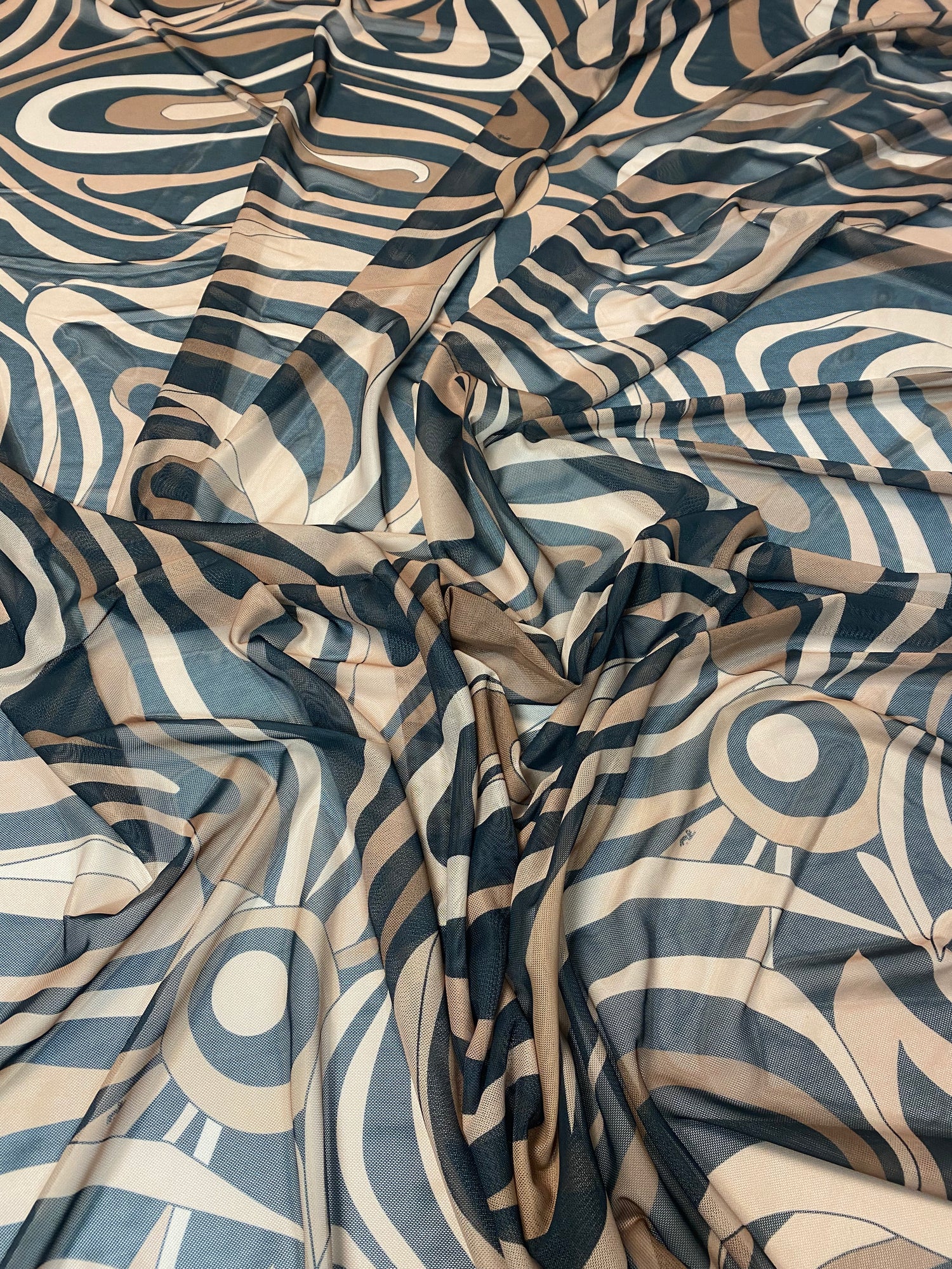 Beige Black Abstract Wave Power Mesh Fabric by the Yard