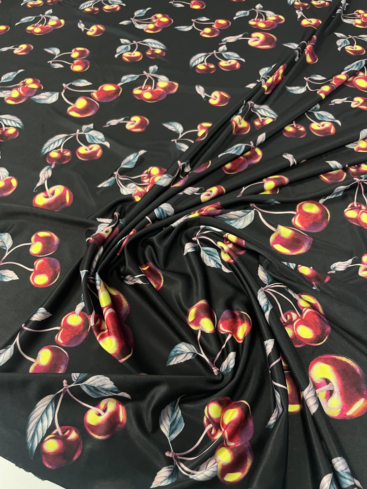 Black Cherry Print Lycra Stretch Fabric by the Yard