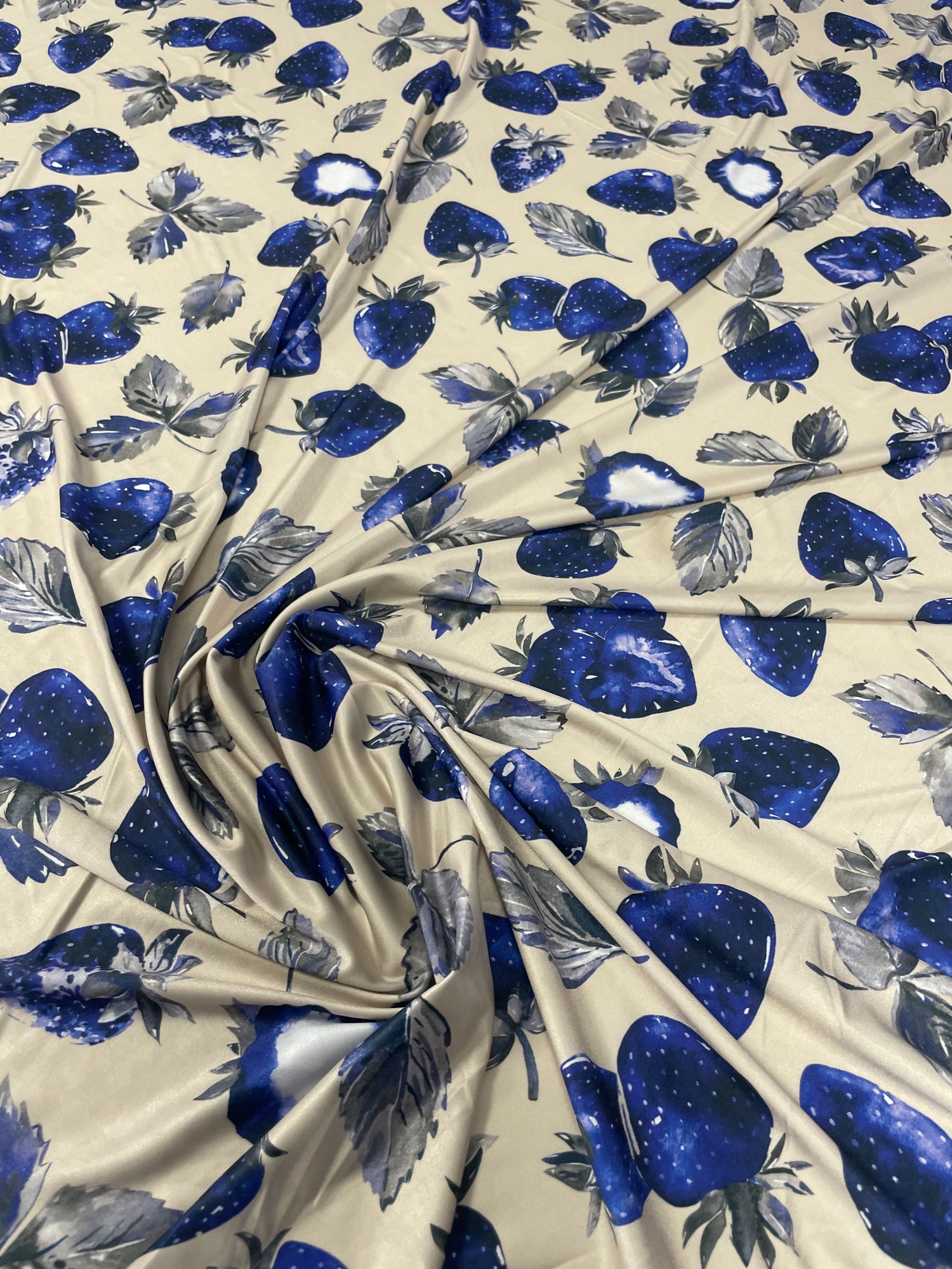 Blue Strawberry Print Lycra Stretch Fabric by the Yard