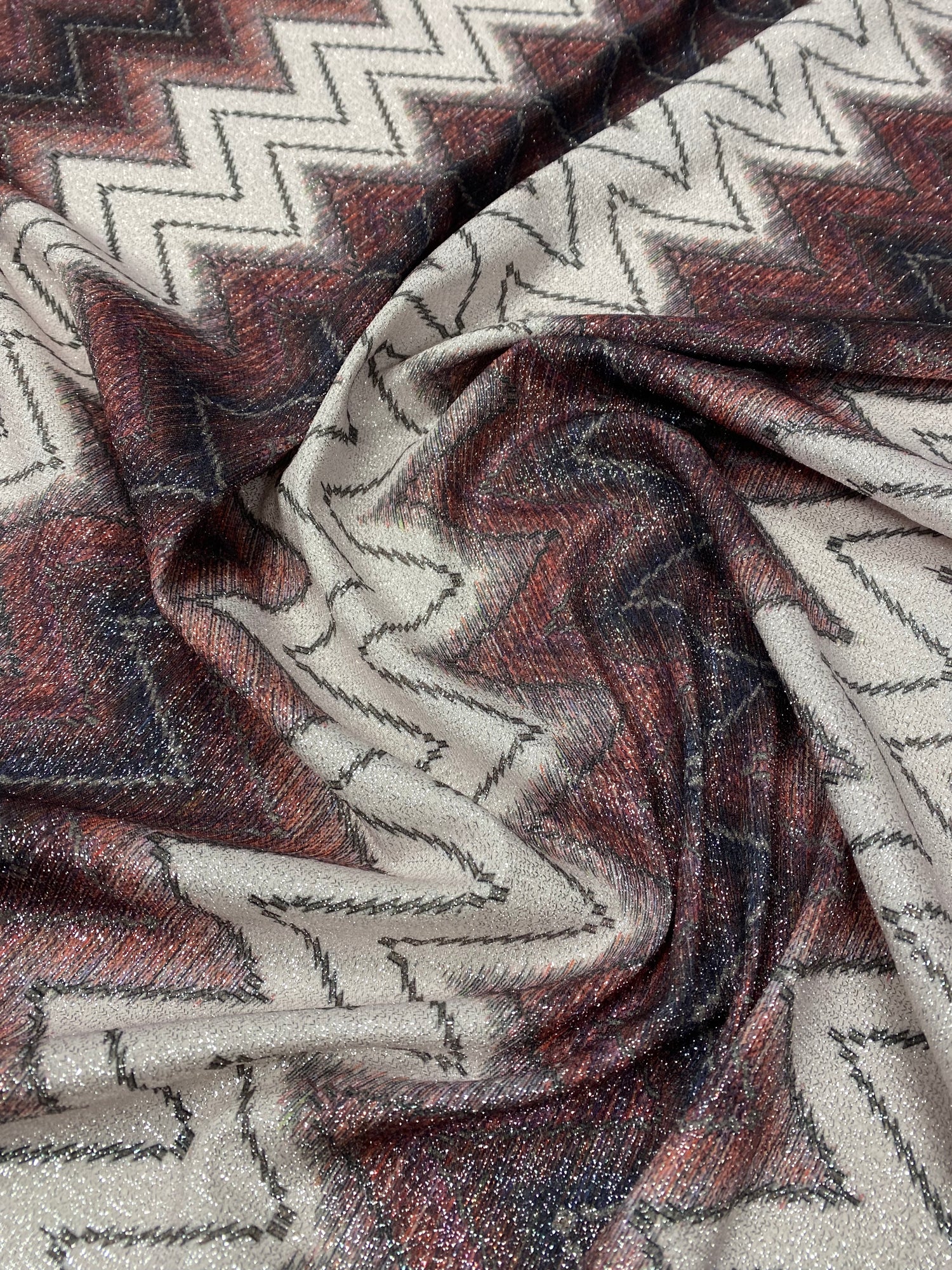 Beige and Burgundy Chevron Lurex Fabric by the Yard