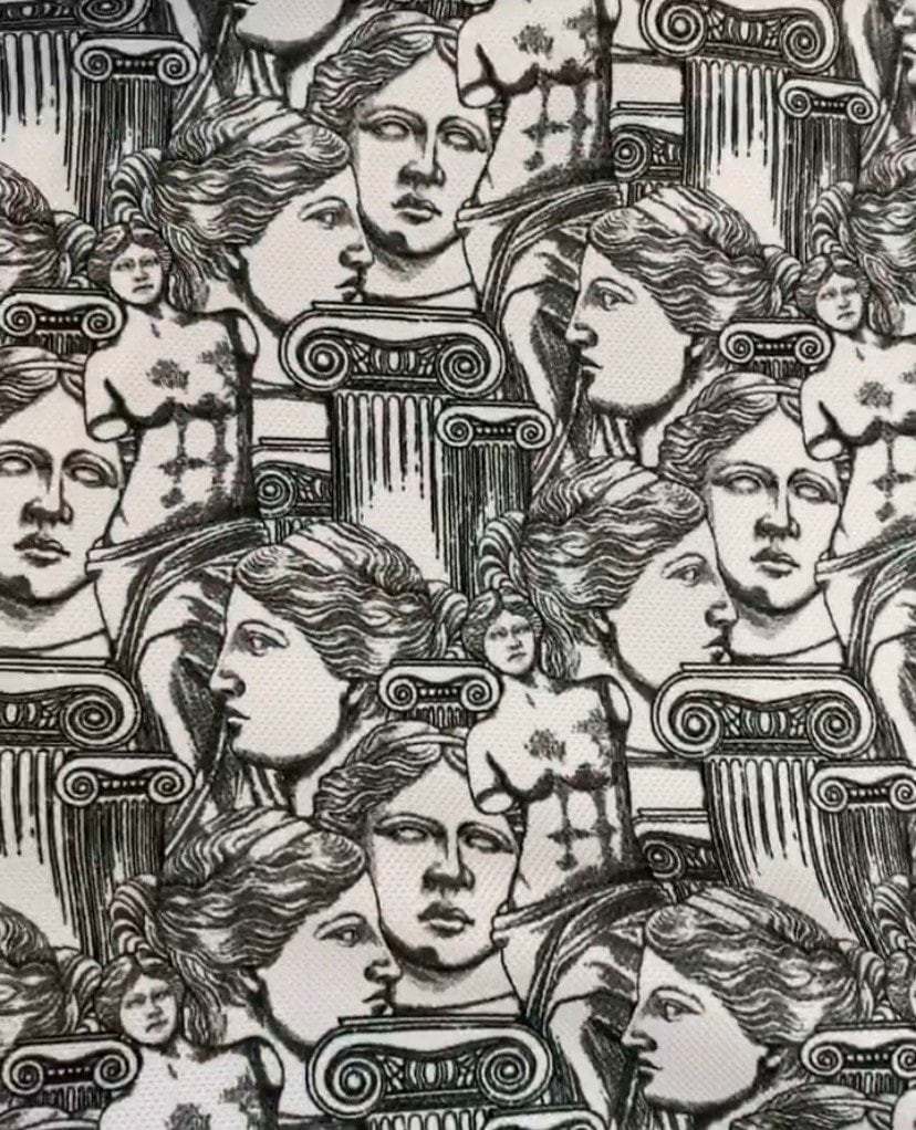 Antik Greek Print Fabric with black and white classical Greek statues and columns pattern, 150cm wide textile for crafting and upholstery