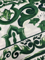 Barok floral pattern linen fabric with green baroque-inspired floral design on white background for elegant home decor