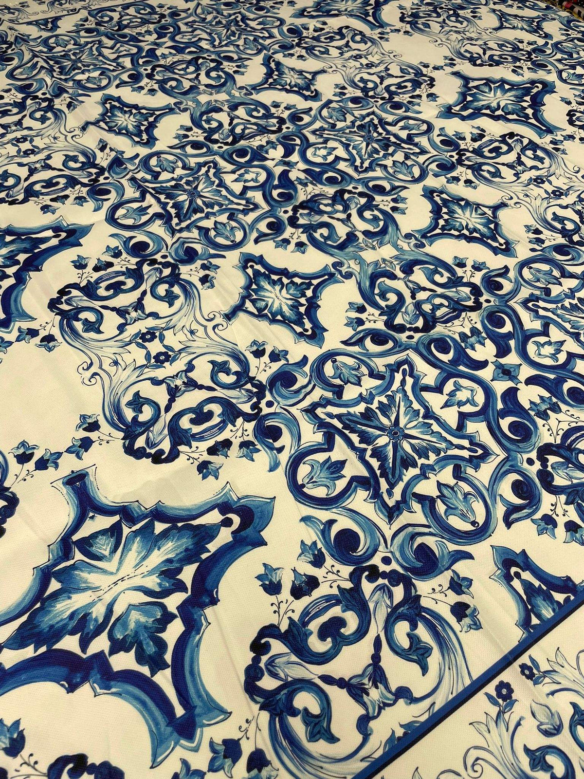Baroque design upholstery fabric with intricate blue and white patterns for elegant home décor