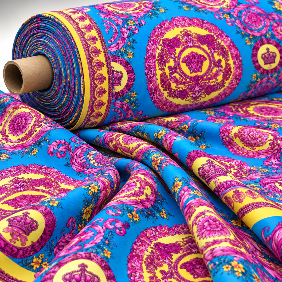 Baroque Medallion Print Satin Fabric by the Metre - Whotex Fabrics London