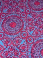 Purple and blue baroque pattern fabric with intricate circular designs, sold by the yard, 150cm width