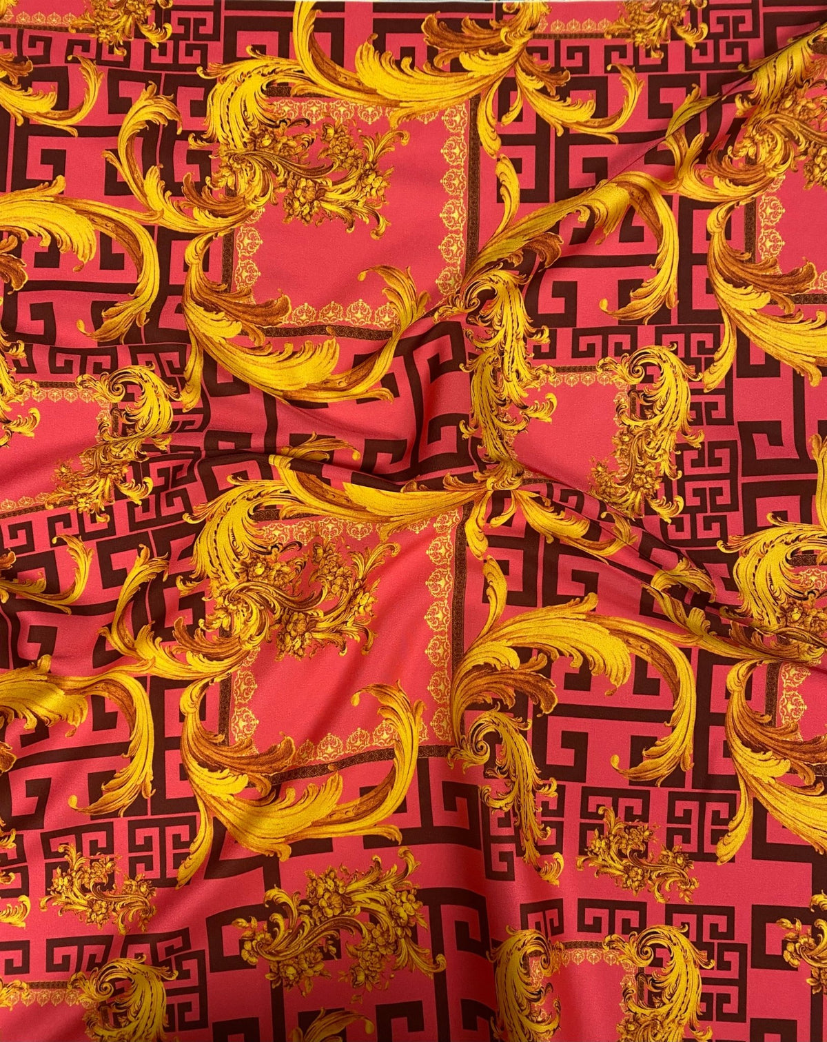 Baroque Pink & Gold Fabric – Luxury Ornate Greek Key Print by the Metre - Whotex Fabrics London