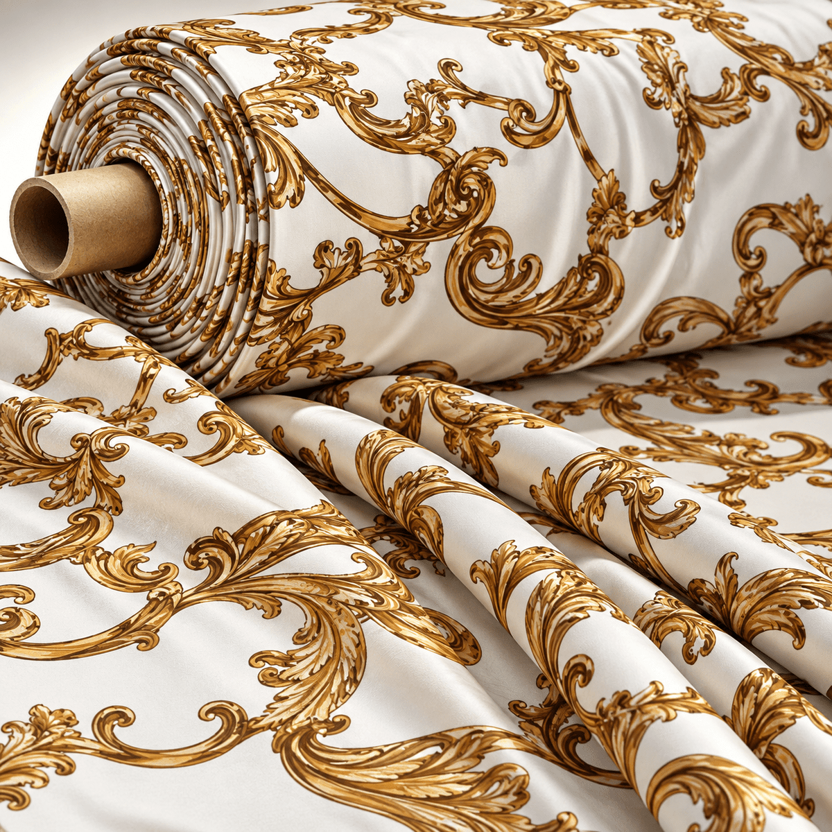 Baroque Scroll Print Gold Cream Fabric by the Metre - Whotex Fabrics London