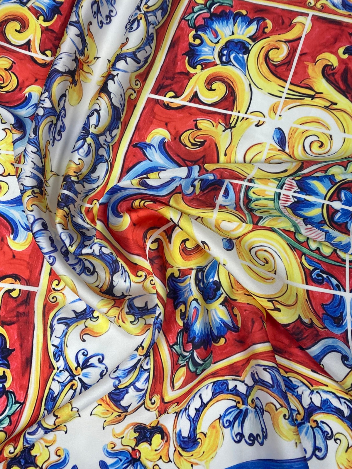 Baroque Tile Print Chiffon Satin Fabric by the Metre - Whotex Fabrics London