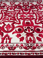 Red Big Majolica pattern fabric with vibrant magenta Sicilian-inspired design on white background, fabric width 150cm