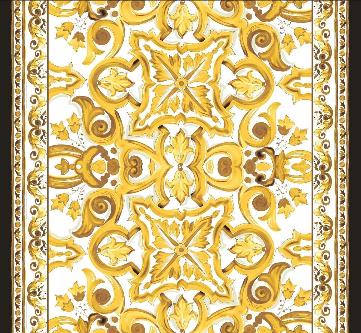 Yellow Big Majolica pattern fabric with intricate Sicilian-inspired floral and scroll designs on a white background, ideal for upholstery and home decor projects.