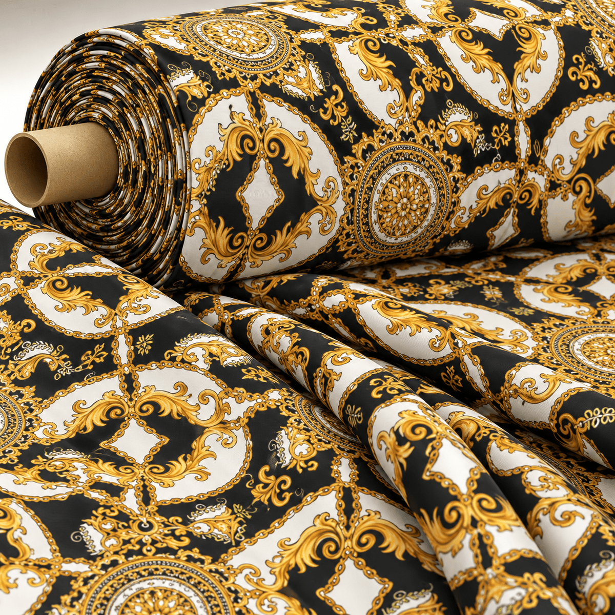 Black and Gold Medallion Fabric Sold by Metre - Whotex Fabrics London