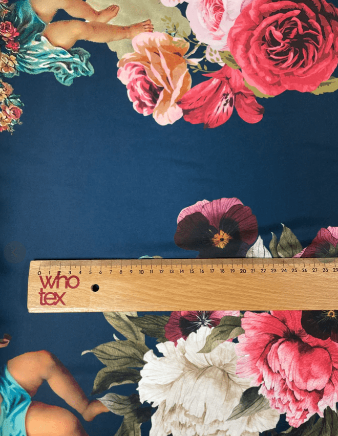 Black Floral Fabric with Angel Detail – Elegant Print - Whotex Fabrics London