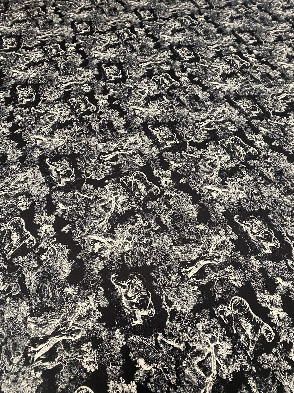 Black Wild Forest Pattern Fabric – Available in Satin, Crepe, Spandex & Chiffon | By Metre - Whotex Online Fabric Store