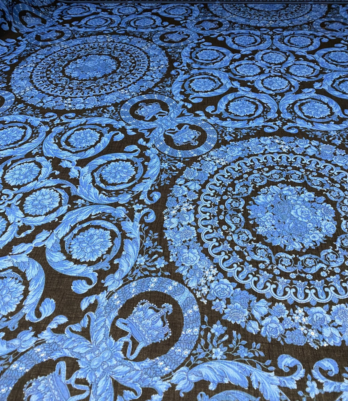 Blue Baroque Floral Linen Fabric by the Metre - Whotex Fabrics London