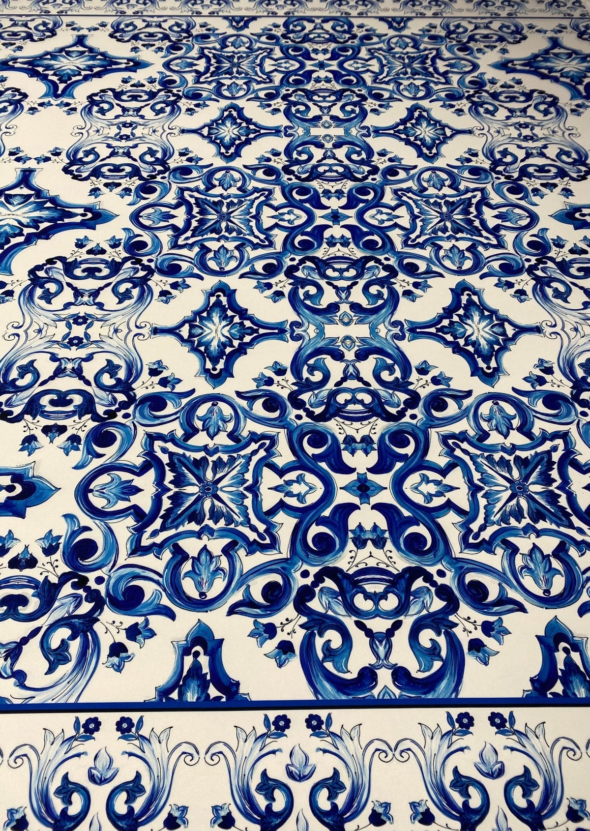 Blue Baroque Tile Print Lycra Stretch Fabric by the Metre - Whotex Fabrics London