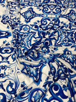 Blue Baroque Tile Print Lycra Stretch Fabric by the Metre - Whotex Fabrics London