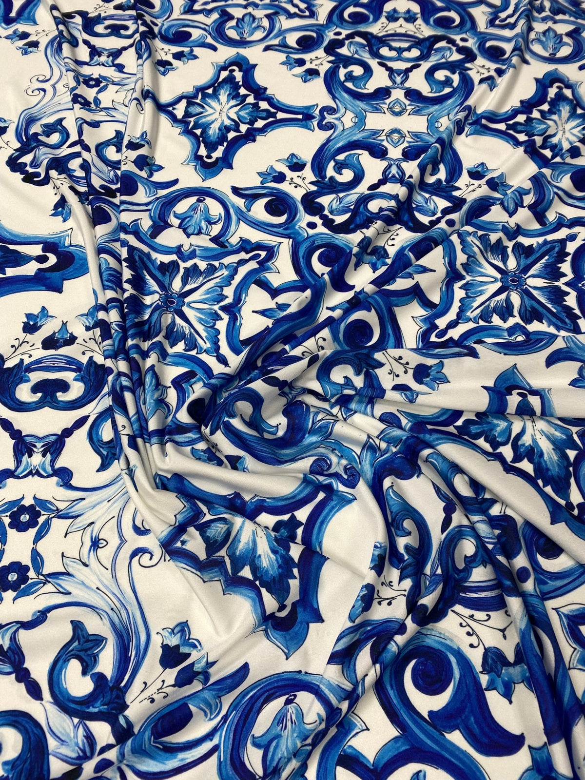 Blue Baroque Tile Print Lycra Stretch Fabric by the Metre - Whotex Fabrics London