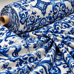 Blue Baroque Tile Print Lycra Stretch Fabric by the Metre - Whotex Fabrics London