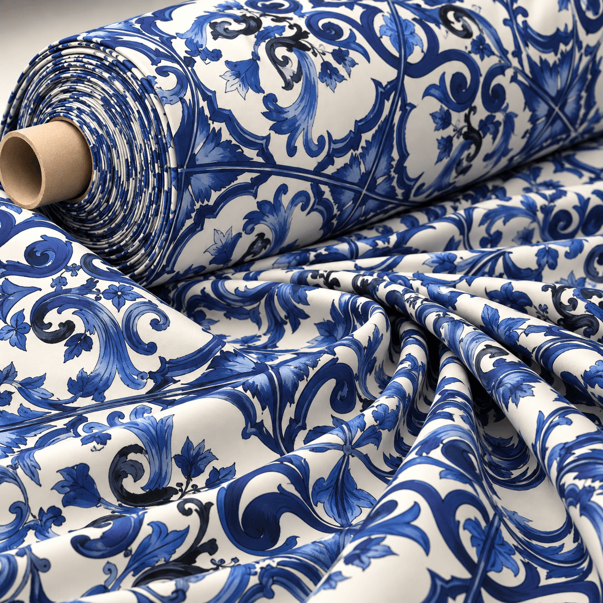 Blue Floral Satin Fabric by the Metre - Whotex Fabrics London