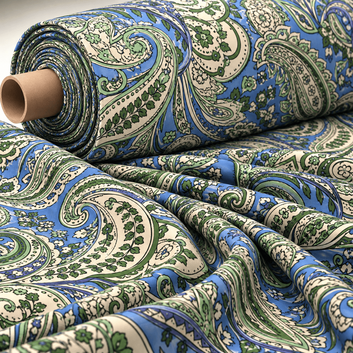 Blue & Green Paisley Print Fabric by the Metre - Whotex Fabrics London