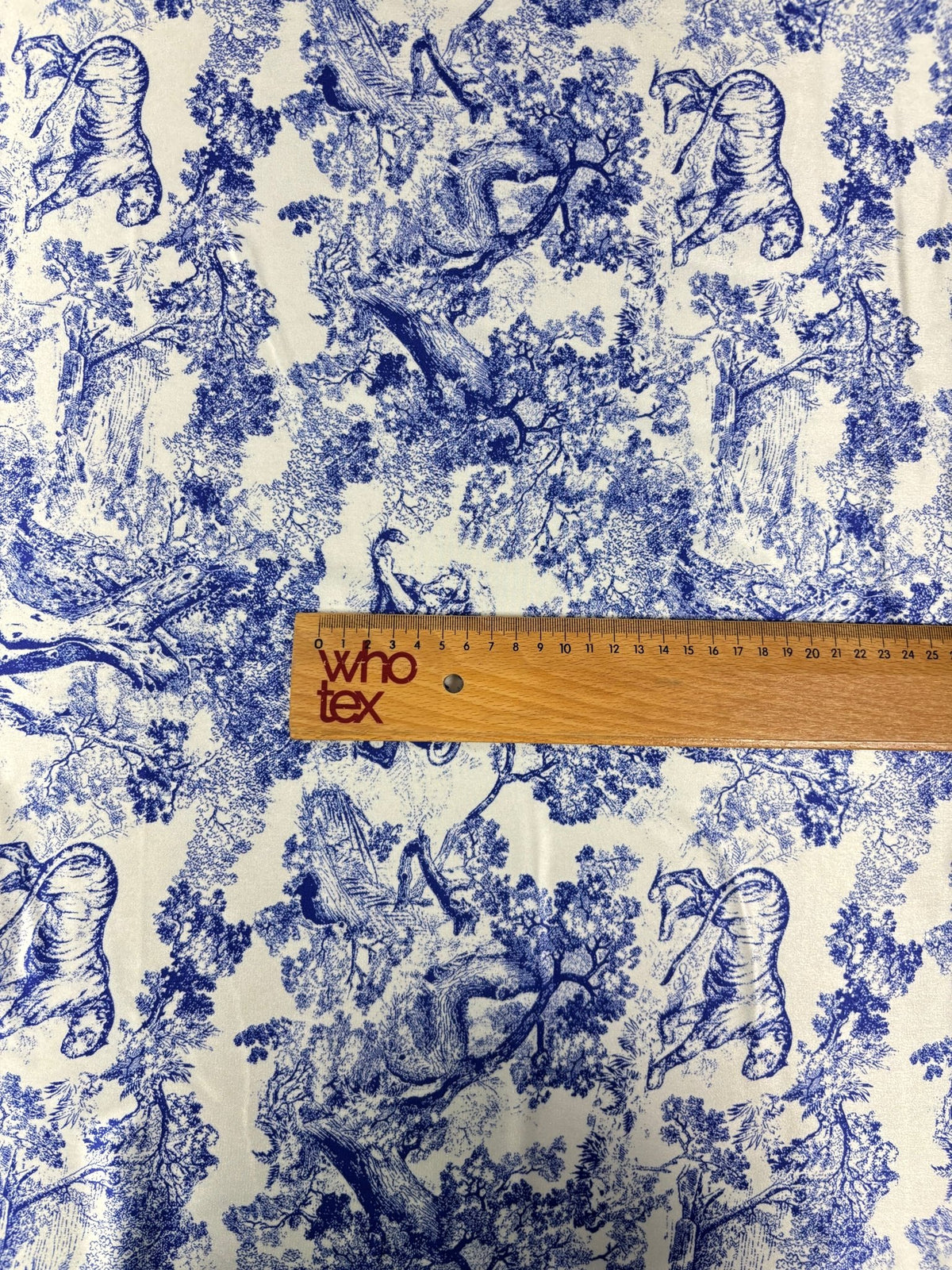 Blue Toile Print Stretch Lycra Satin Fabric by the Metre - Whotex Fabrics London
