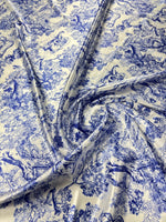 Blue Toile Print Stretch Lycra Satin Fabric by the Metre - Whotex Fabrics London