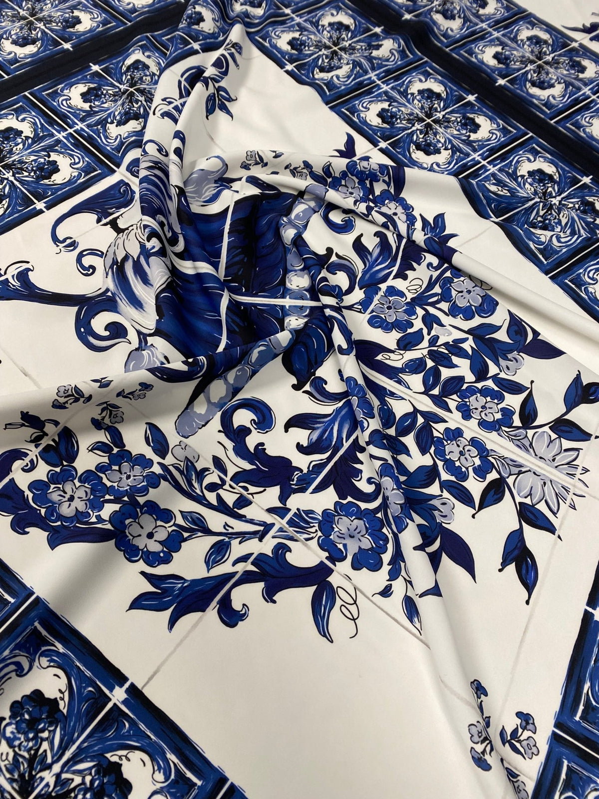 Blue & White Tile Print Crepe Fabric by the Metre – Classic Floral - Whotex Online Fabric Store