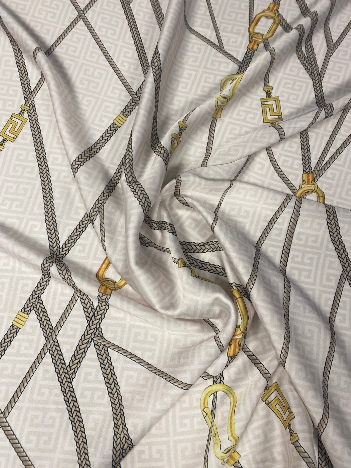 Chain Print Chiffon Satin Fabric in Beige & Gold - Whotex Fabrics London
