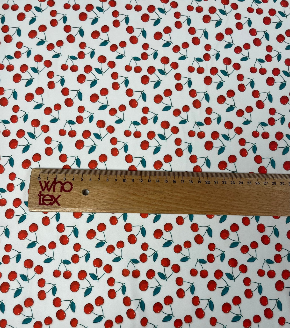 Cherry Print Fabric by the Metre – White Cotton Blend - Whotex Fabrics London
