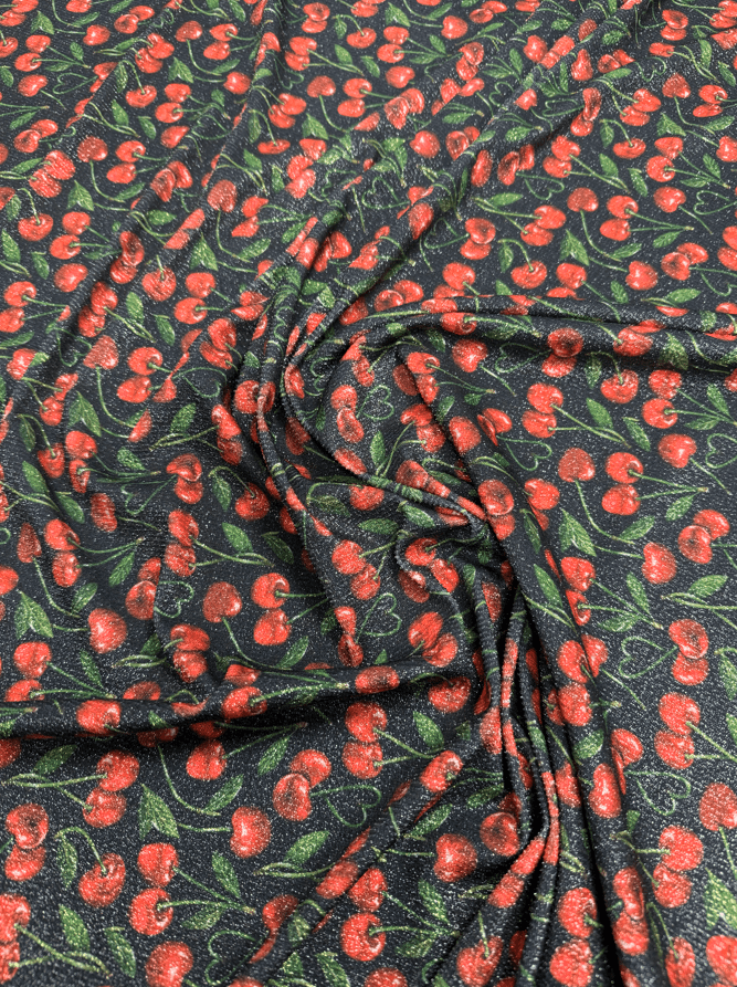 Cherry Print Lurex Fabric by the Metre - Whotex Fabrics London