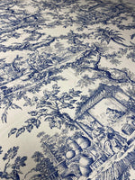 Classic Blue Toile de Jouy Print Fabric with detailed pastoral scenes in elegant blue on white background, ideal for upholstery and curtains