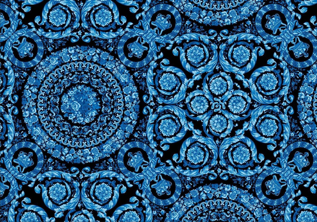 Blue Baroque pattern fabric with intricate floral and scroll designs in vibrant blue on black background