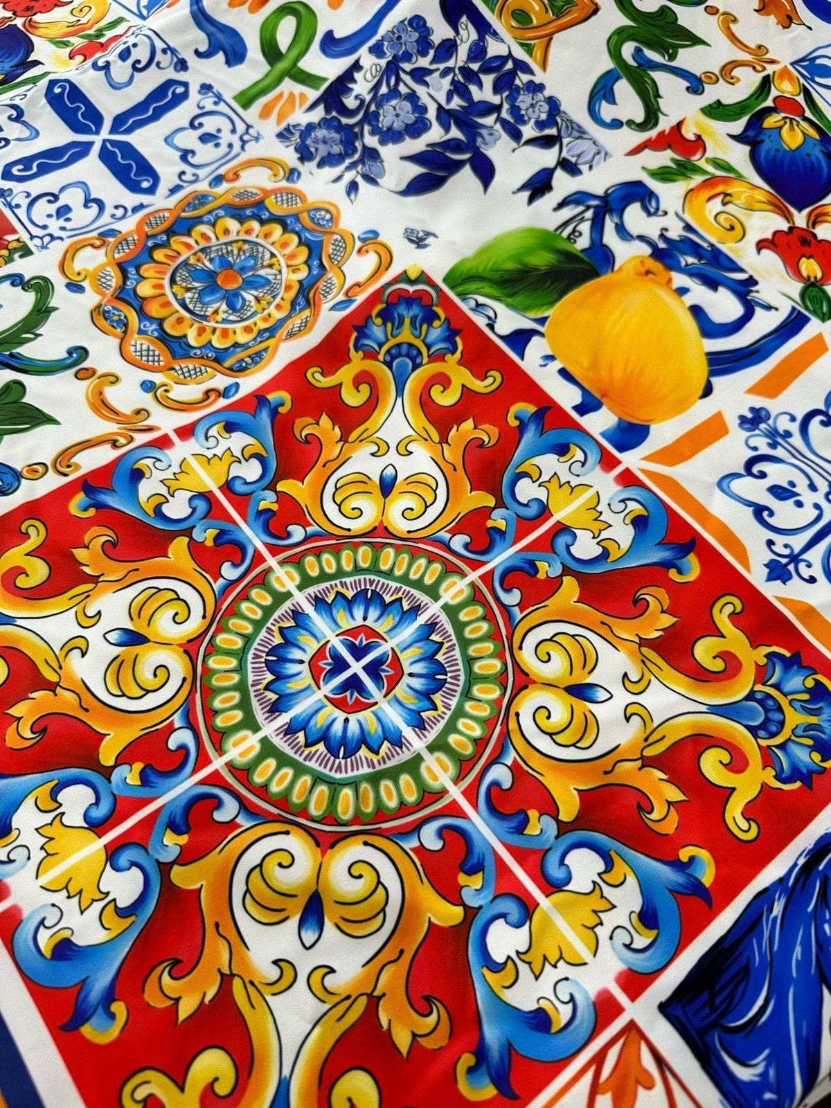 Sicilian Print Silky Crepe Fabric with vibrant multicolor ornate tile patterns and smooth texture